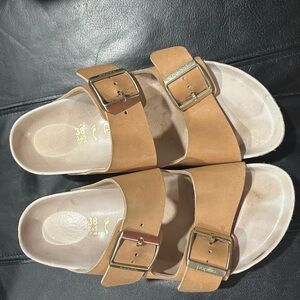 Papillio Birkenstock Tan Double-Buckle Sandals with Gold Buckles